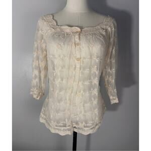 Ultra Pink Sheer Lace Top Ivory Coquette Boho Chic Victorian Revival Fairycore M